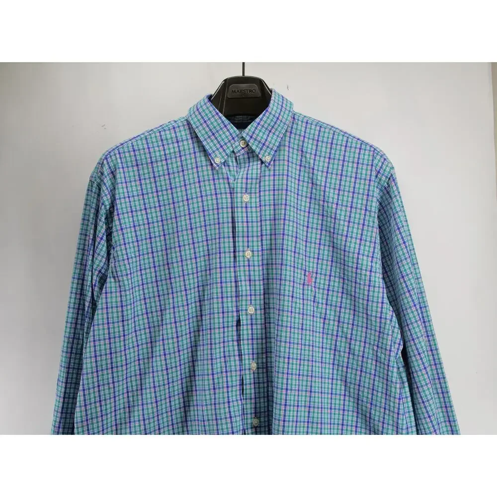 Polo Ralph Lauren Men Large Tall Blue Green Plaid Performance Casual Button Up